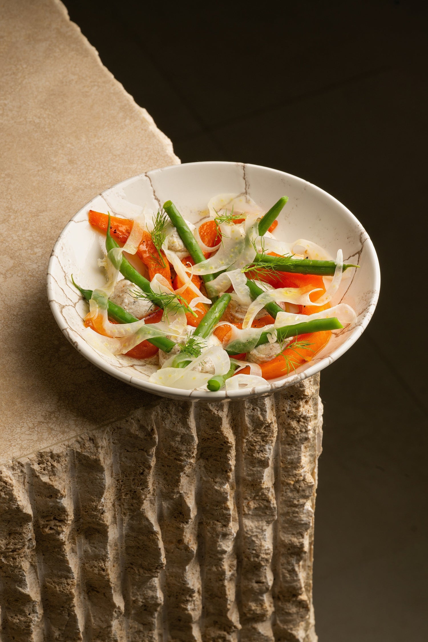 Citrouille Rôtie au Four au Miel Truffé Laumont, Crémeux de Ricotta et Tartufata, Haricots Verts et Lamelles de Fenouil