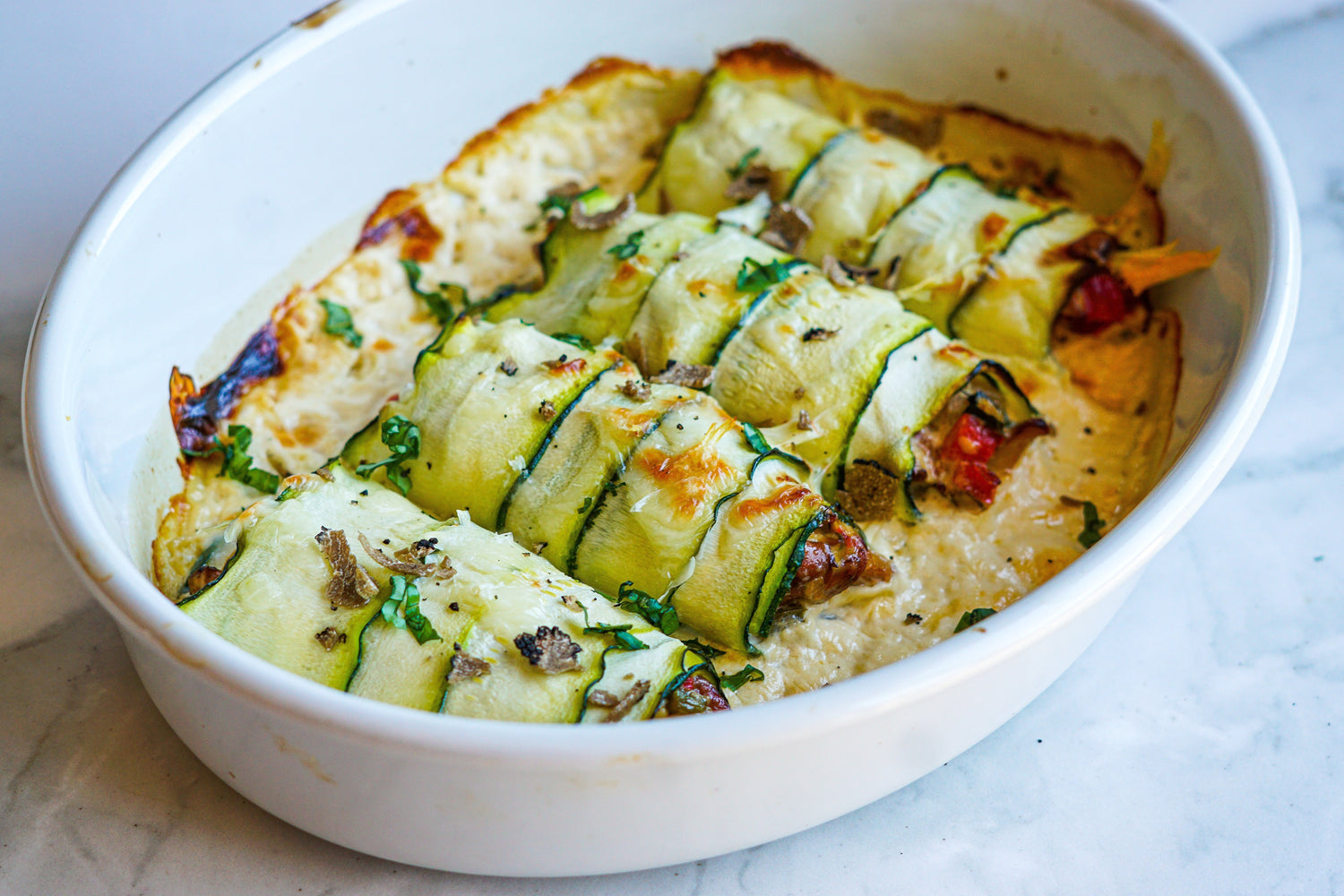 Cannelonis de courgette farcis à la crème de girolles